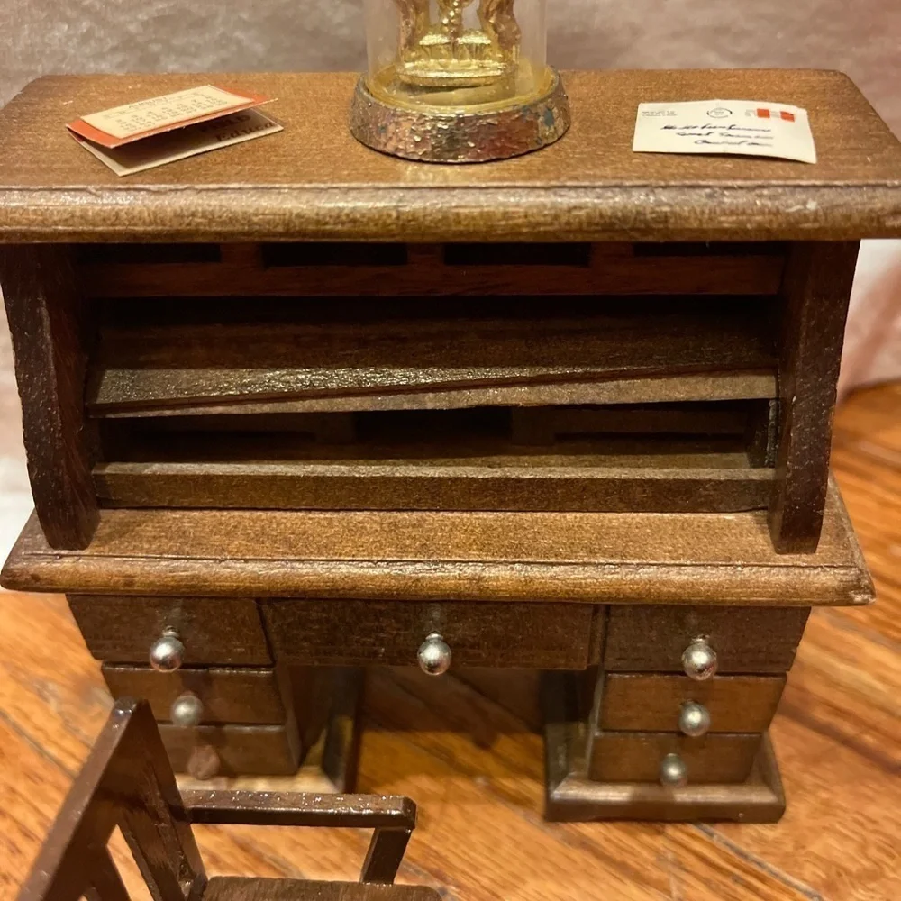 Roll Top Desk Wooden Working Drawers Vintage Dollhouse Miniature Furniture